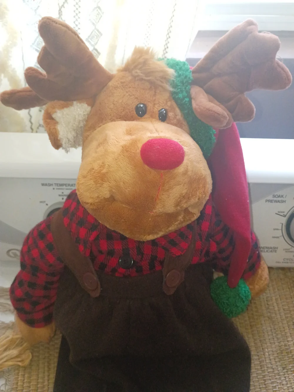 Vintage- Red Plaid Shirt & Brown Elk With Overalls